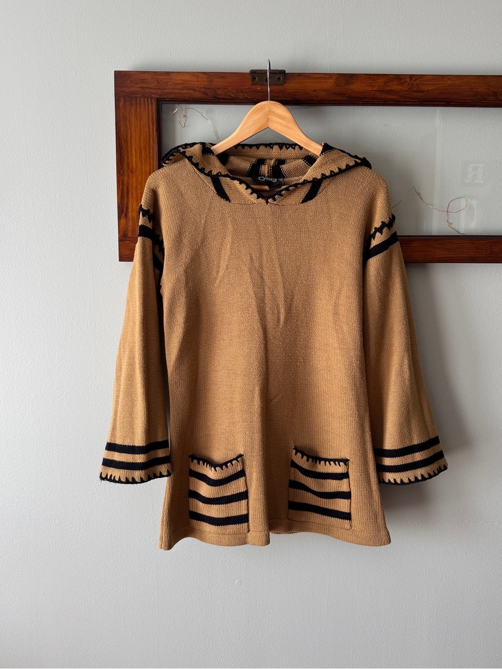 Knit Sweater Camel Tan Black Striped 70s Vintage Zado - Picture 1 of 16